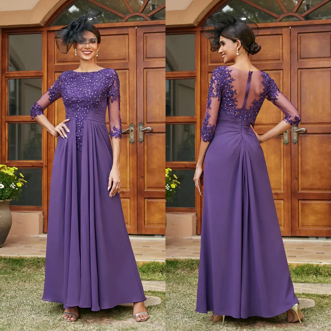 Robe longue violette pour mère de la mariée, bijou, manches 3/4, dentelle appliquée, mousseline de soie perlée, robe de mère du marié, robes pour femmes africaines AMM074