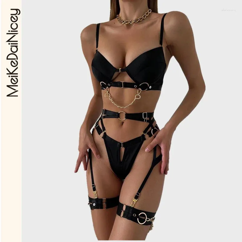 Conjuntos de sutiãs meikedai lingerie fina sexy fantasia roupa interior 4 peças delicado luxo erótico com sutiã de corrente e calcinha conjunto ligas íntimas