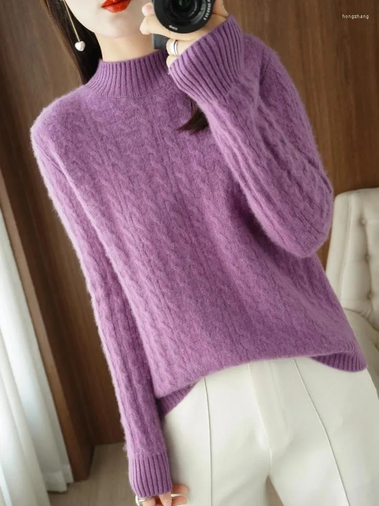 Kadın Sweaters 2024 Moda Merino Yün Üstleri Kadın Giyim Örgü Sweater Mock Boyun Tam Kollu Külot Bahar Sonbahar Tasarımcı Örgü