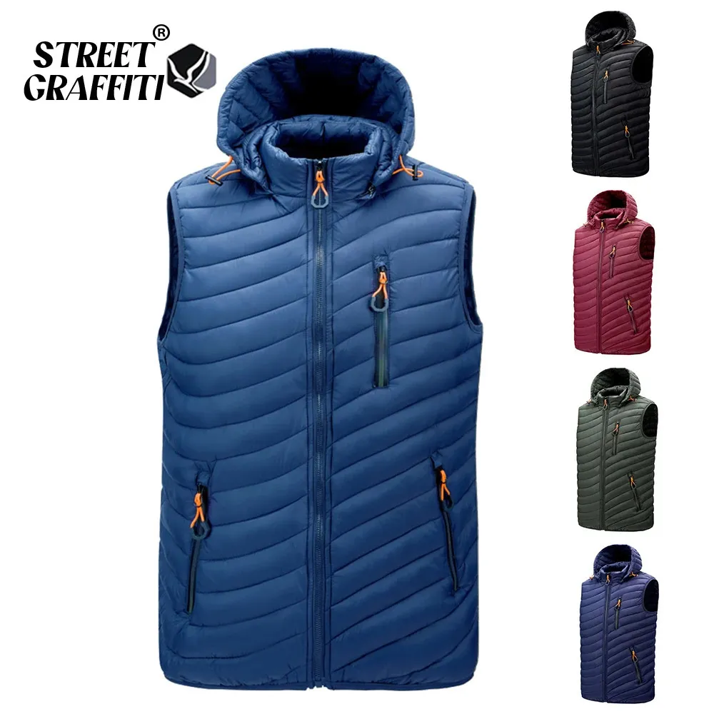 STG 2023 Mannen Mouwloze Donsvesten Effen Vest Met Capuchon Jassen Mode Mannelijke Winter Casual Zakken Vest Winddicht Jas 240125