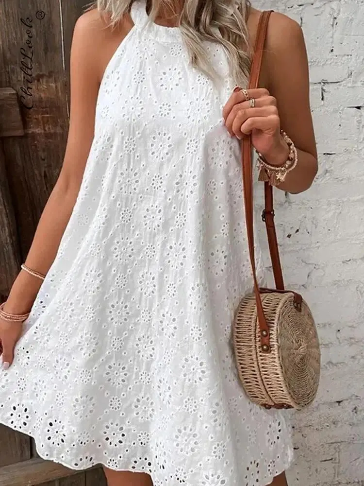 Sukienki imprezowe Summer White A-Line Sukienka Kwiat Haft Koronkowy seksowna bez rękawów żeńska mini 2024 moda elegancka luźna vestido