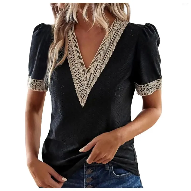 Women's T Shirts V-Neck Lace Loose Top Hollowed Out Short Sleeve T-Shirt Cropped Y2k Tops Cute Tank Luxury Clothes Women Crop