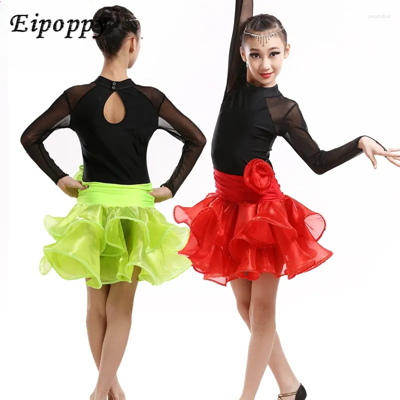 Bühnenkleidung Kinder Langarm Net Gaze Kleid Latin Dance Kostüme Mädchen Kleidung Herbst und Winter Rock