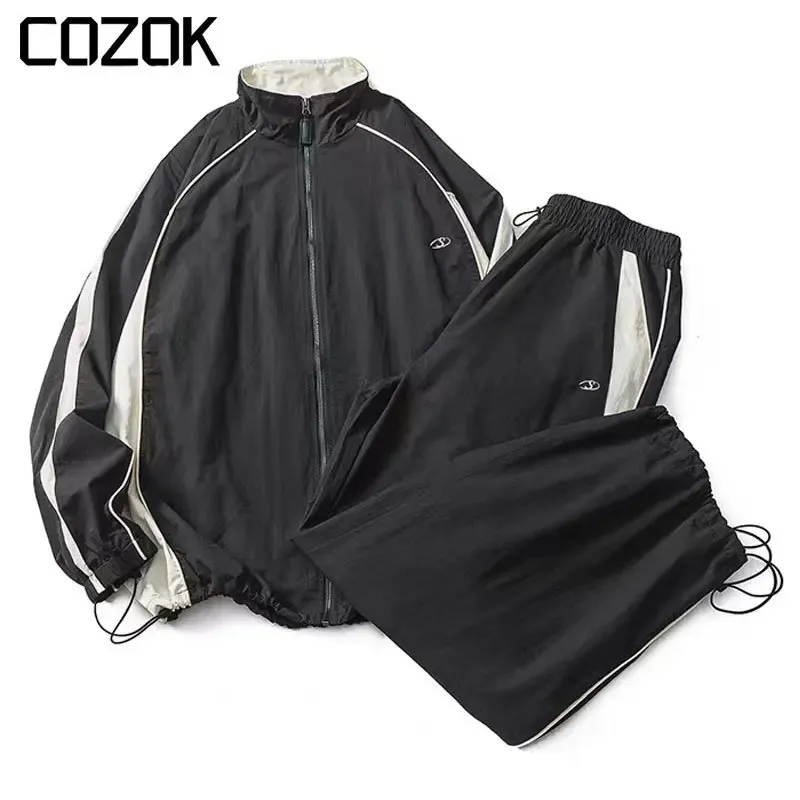 High Street Casual Sports Jacket Heren Dames Patchwork Streep Borduren Varsity Jacket Rechte Broek Zwart Dun Mode Pak 240126