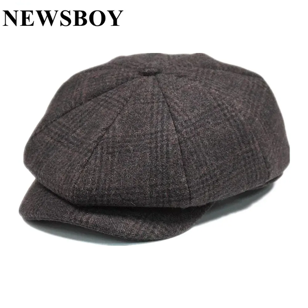 Sboy Wool Men Hat Tweed Plaid Sboy Cap British Style Gatsby Flat Cap Woolen Octagonal Hat Autumn Winter Man Beret 240124