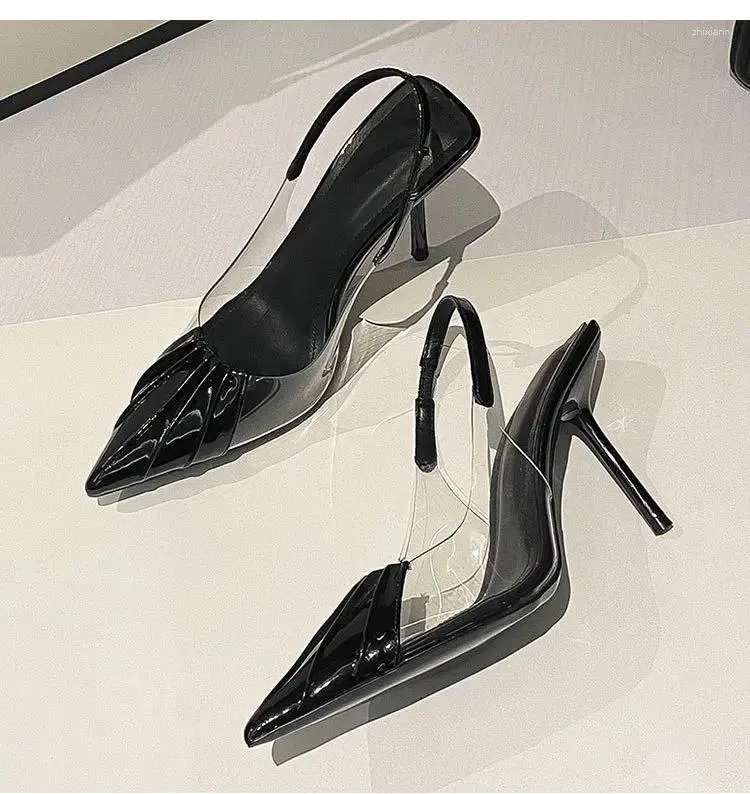 Sandalias 2024 Verano Mujer Tacones Diseño de marca Punta puntiaguda Transparente Slingbacks High Ladies Sexy Party Club Slip en bombas negras