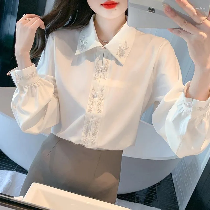 Women's Blouses QOERLIN Turn-Down Collar Floral Embroidered Elegant Shirt Casual Long Sleeve Blouse Top Chinese Knot White Shirts Female