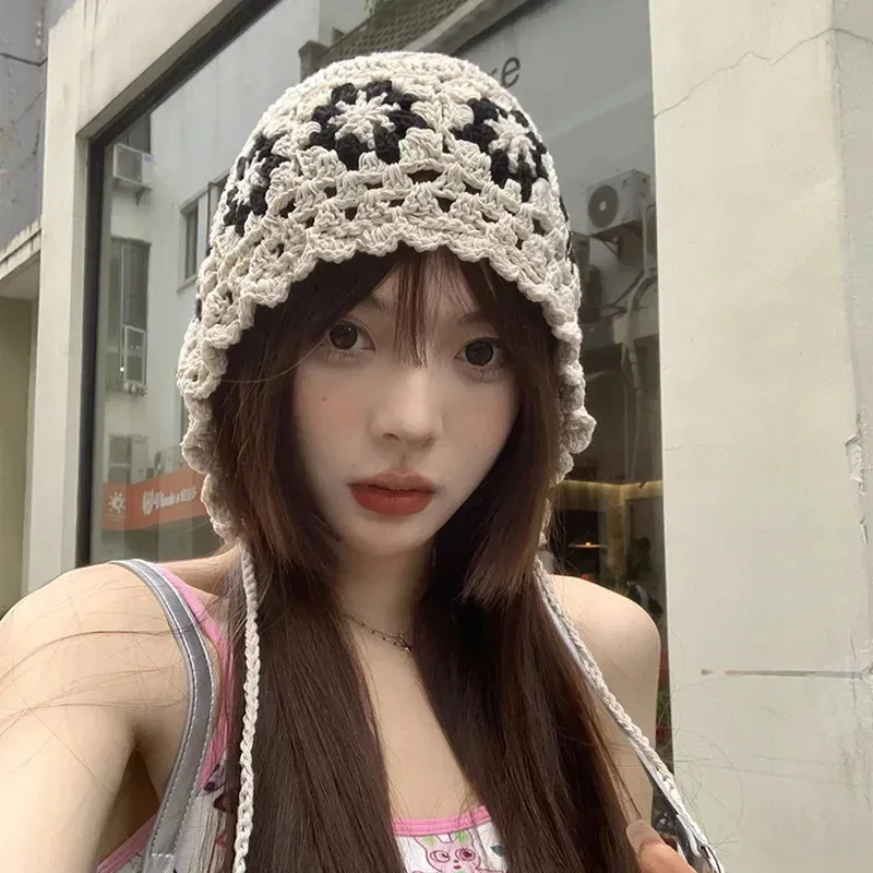 Japansk handvävd tjej ihålig tunn stickad hink hatt sommar huvudduk hattar söta andningsbara mössa mössa för kvinnor mössor 240123