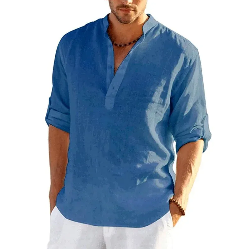 T-shirt à manches longues en lin pour hommes, couleur unie, ample et décontracté, en coton, 240201