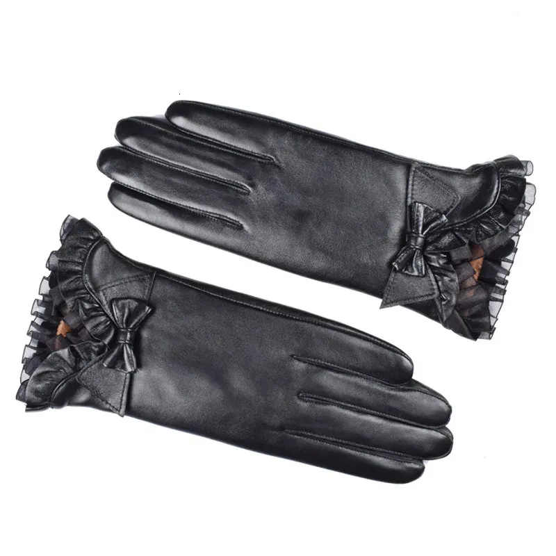 女性のための本革の手袋冬のぬいぐるみ濃厚な断熱タッチスクリーンシープスキングローブショートシンサイクリングドライビンググローブ240201