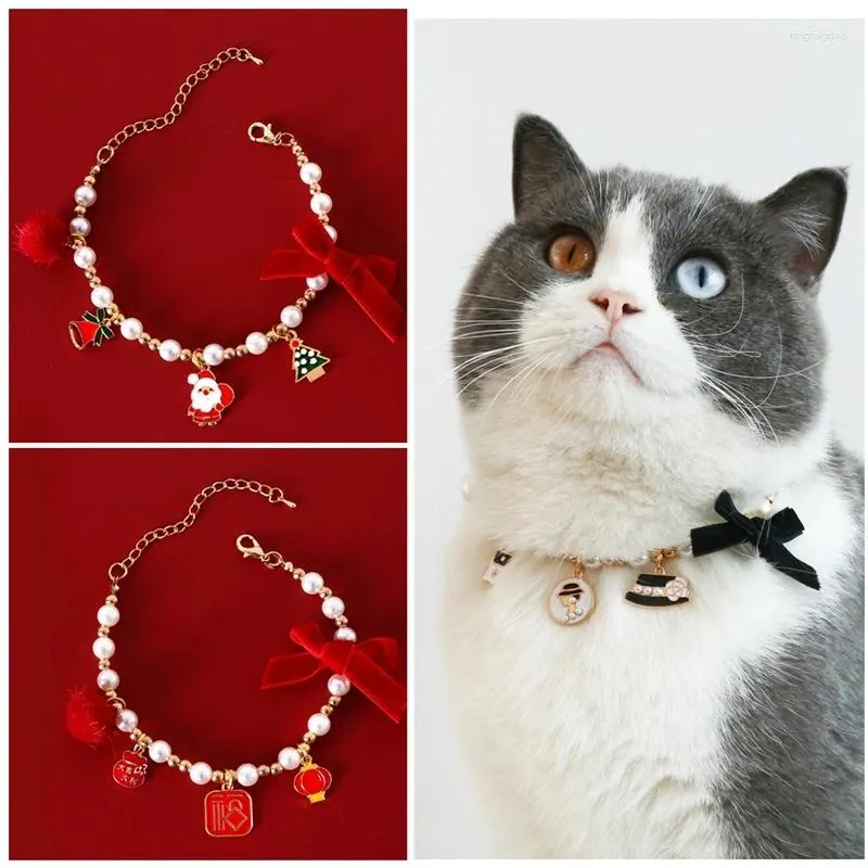 Halsbanden Prachtige Kerst Parel Kattenhalsband Mode Fluwelen Vlinderdas Huisdieren Puppy Gevulde Ballen Hanger Ketting Ketting Accessoires