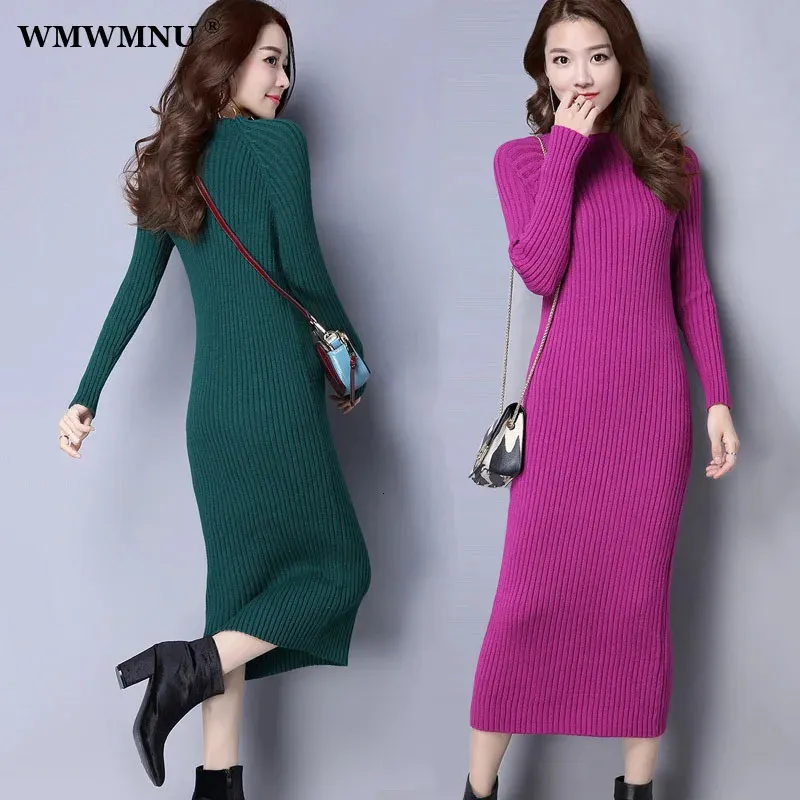 Slim långärmad stickad klänning Sexig kvinnor Autumn Winter Korean tröja klänningar midi botten bodycon vestidos 240122