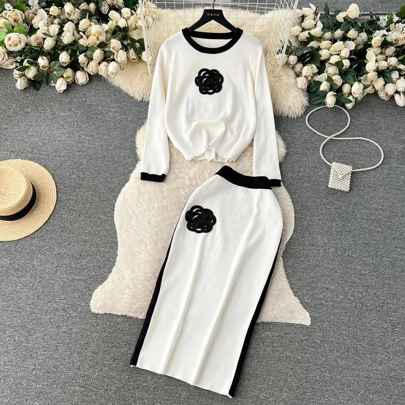 Vestidos de trabalho outono conjunto feminino tricô traje cor sólida pulôver camisola saia fina ternos de duas peças chique roupas casuais moda terno