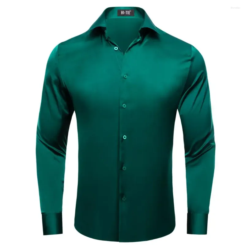 Chemises habillées pour hommes Hi-Tie Vert Jacquard Satin Soie Solide Soie Hommes Costume à manches longues Blouse pour vêtements d'extérieur pour hommes Mariage Événements d'affaires surdimensionné