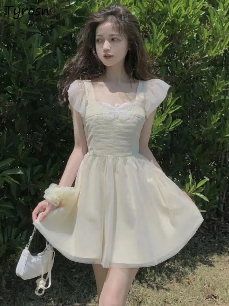 Casual Kleider Frauen Design Prinzessin Falten Einfach Alle-spiel Sommer Süße Quadrat Kragen Mode A-linie Koreanischen Stil Elegant