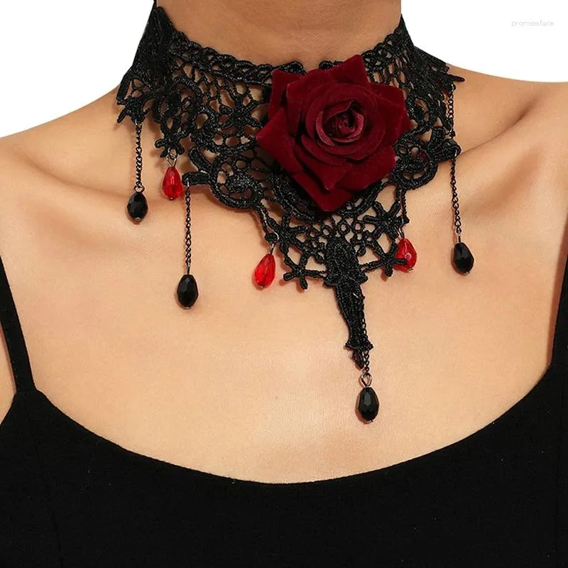 Collier ras du cou Vintage en forme de fleur pour femmes, pendentif gothique en dentelle, pompon, chaîne de clavicule, bijoux