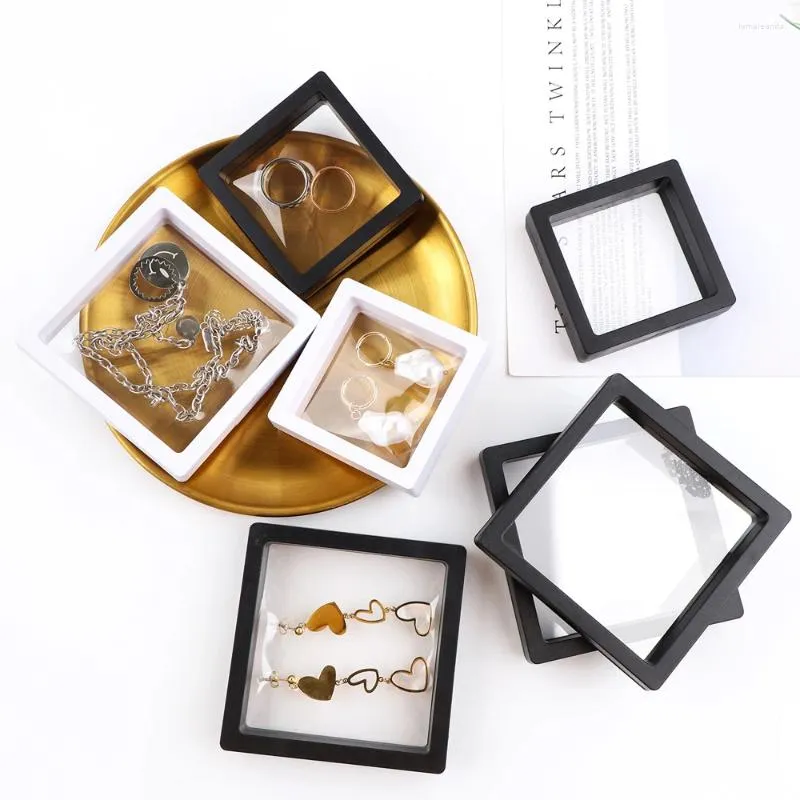 Smyckespåsar 5/10st PE Film Storage Box 3D Packaging Case Gemstone Floating Frame Membran Ringörhängen Halsband Displayhållare