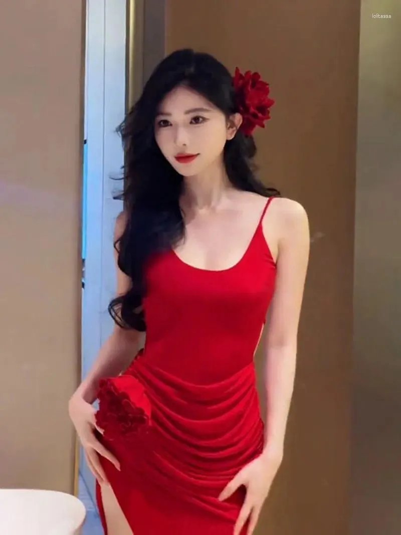 Casual Dresses Korean Fashion Red Backless 3D Flower Dress for Women 2024 Spring Style Square Neck Slim Fit Female Clothing