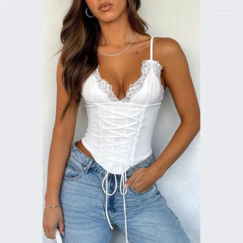 Tanks Femmes Koxinves Bandage Sexy Dentelle Corset Tie Up Robe Pour Femmes Printemps 2024 Épicé Dames Camisole Tempérament Vêtements WS1672