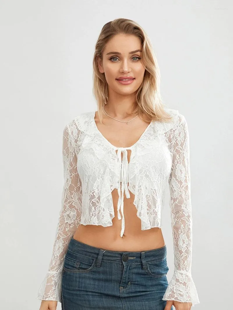 Blouses Femmes Femmes Été Dentelle Crop Tops Flare Manches Longues Cravate Avant Sheer Slim Cardigan Clubwear Y2k Beach Wear