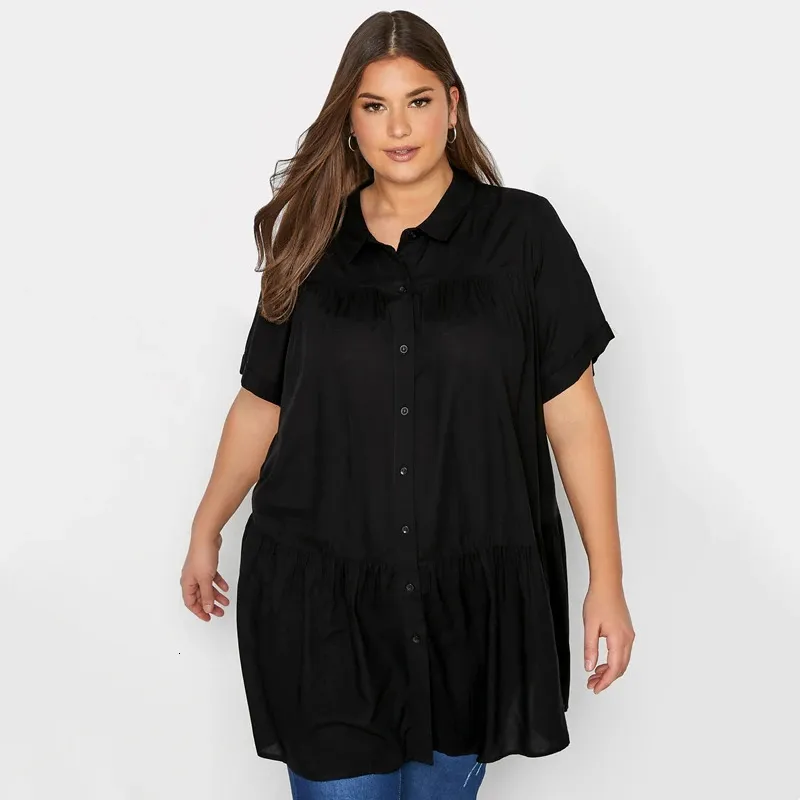 Plus Size Summer Elegant Longline Smock Shirt Women Short Sleeve Black Casual Tiered Blouse Large Size Loose Black Shirt 6XL 7XL 240126