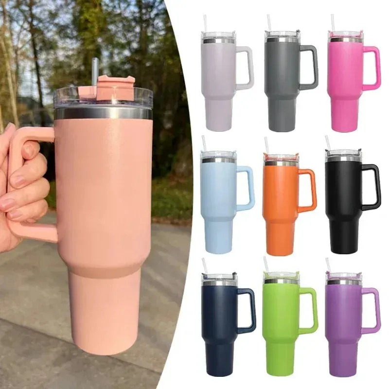40oz Mug Tumbler With Handle Insulated Lids Straw Stainless Steel Coffee Termos Cup for Travel Thermal 240129