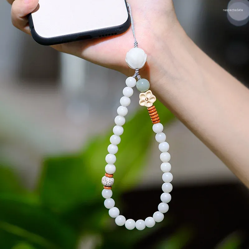 Strand blanc Jade Bodhi racine Bracelet main chaîne Lotus téléphone portable lanière chaîne Style chinois porte-clés voiture USB sac accessoires femmes