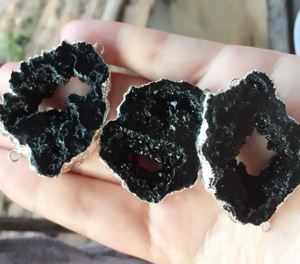 6pcs Silver plated Black color Nature Quartz Druzy Geode connectorDrusy Crystal Gem stone Pendant Beads Jewelry fi39742889642279