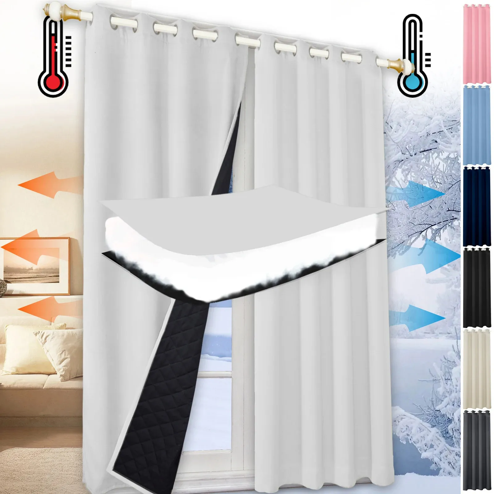 Cortina opaca 100% acolchada para sala de estar, cortinas de ventana resistentes para dormitorio, cortinas térmicas gruesas de invierno con ojales confeccionados 240118