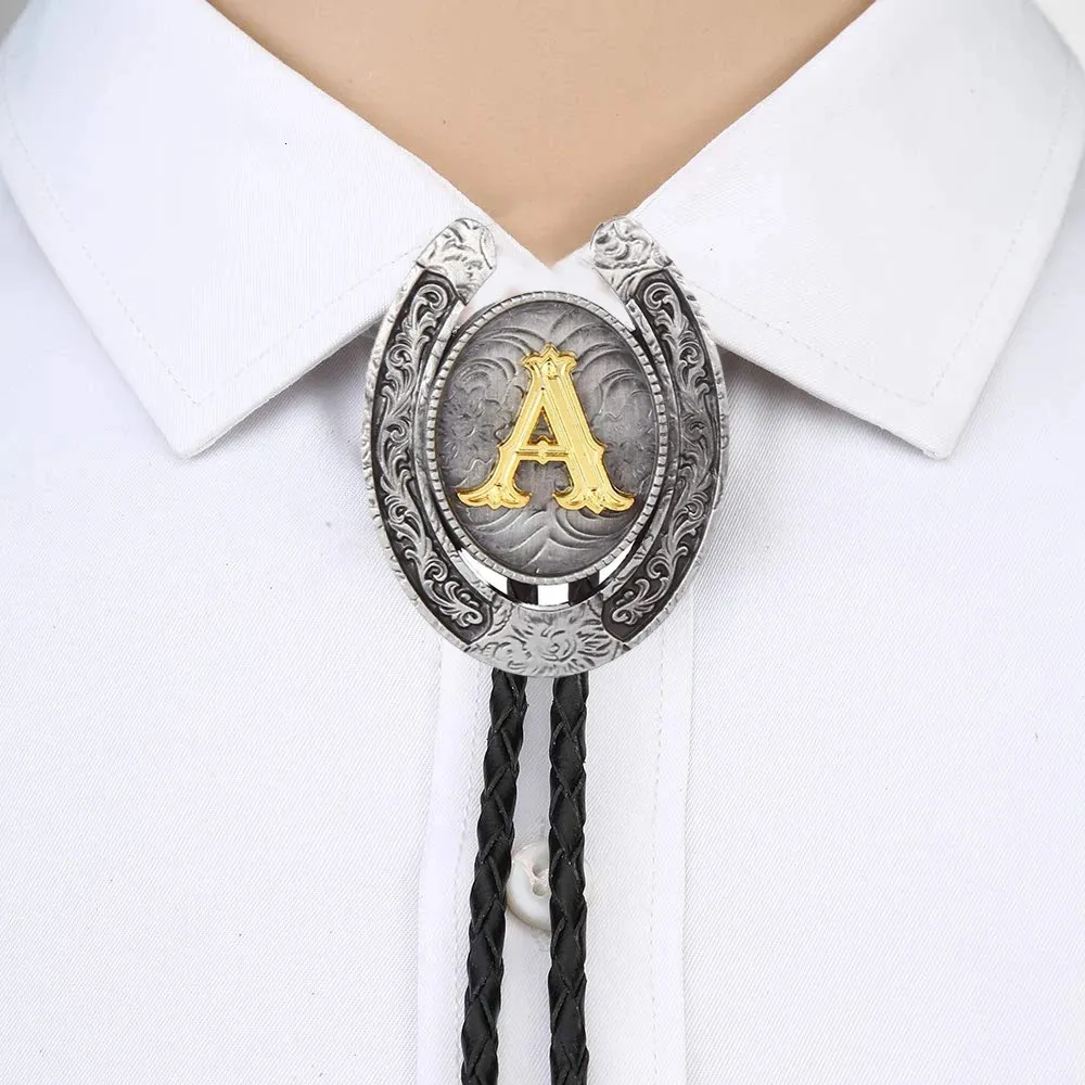 Vintage Gold Letter ABCDEFG-Z U shape bolo tie for man Indian cowboy western cowgirl leather rope zinc alloy necktie 240123