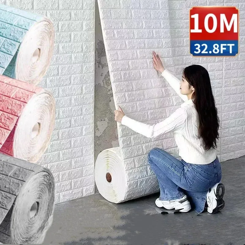 10m 3d papel de parede adesivos rolo painel branco espuma macia tijolo mármore rocha paralelepípedo diy parede casa decoração do quarto proteger 240127