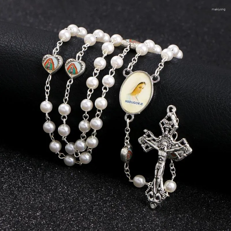 Hanger Kettingen KOMi Religieuze Katholieke Jezus Witte Ronde Kralen Kleur Print Hart Kralen Kruis Bidden Sieraden Collana R-322