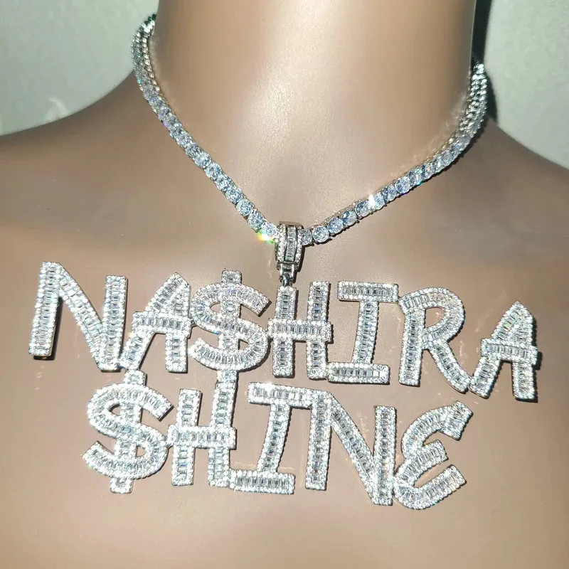 Grandbling AAAA Zirconia Name Necklace Personalised 2 Rows Customized Name Jewelry for Men Women Party Gifts 240125
