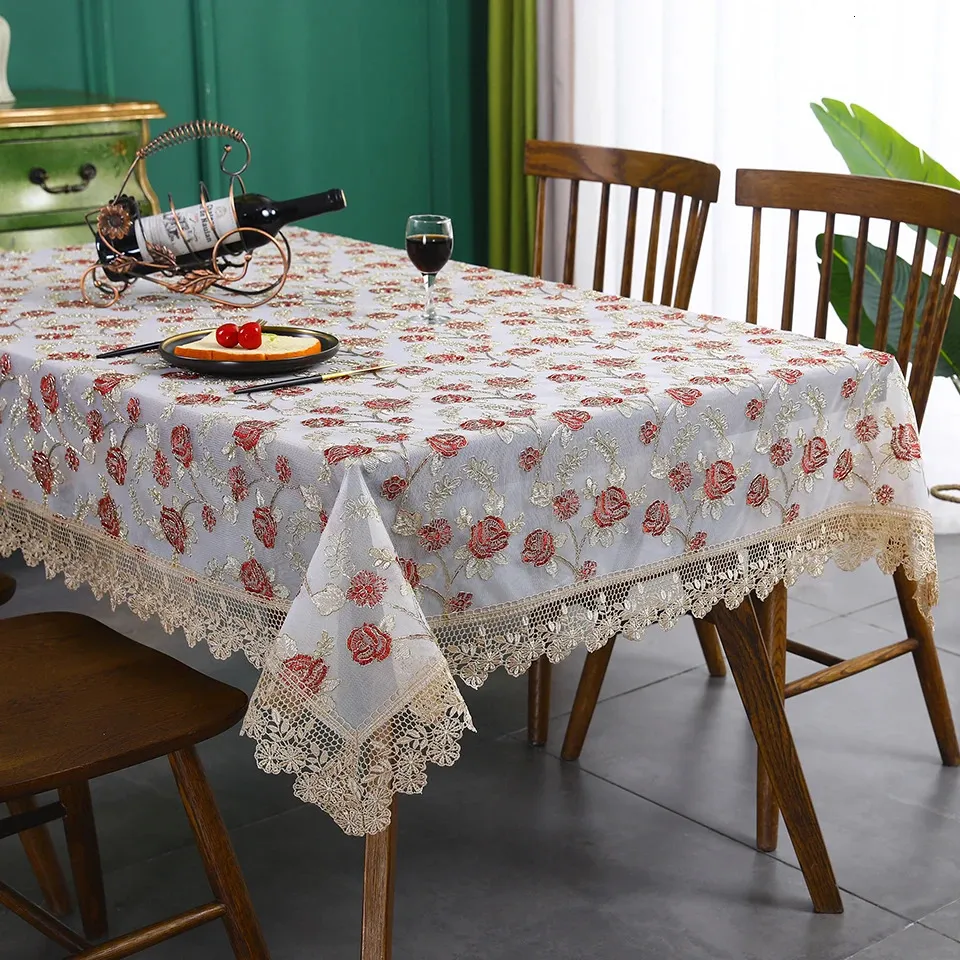 Rectangle Lace Tablecloth - Light Gold Flower Embroidered Polyester Cover For Dining & Parties, 51x69 Inches - View #9