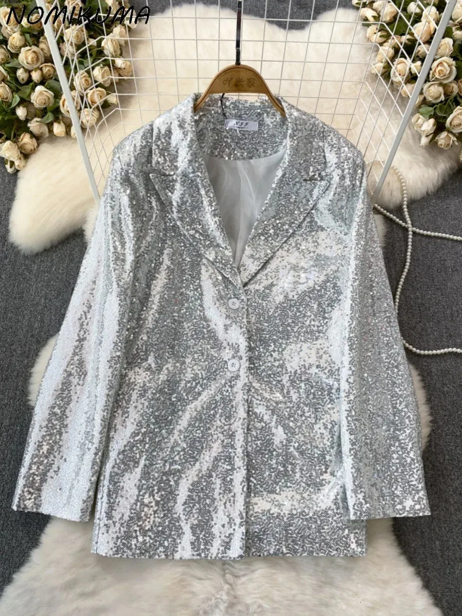 Nomikuma Spring Autumn Fashion Long Sleeved Sparkling Sequin Suit Jacket for Womens Casual Blazer Coat Cardigan Top 240202