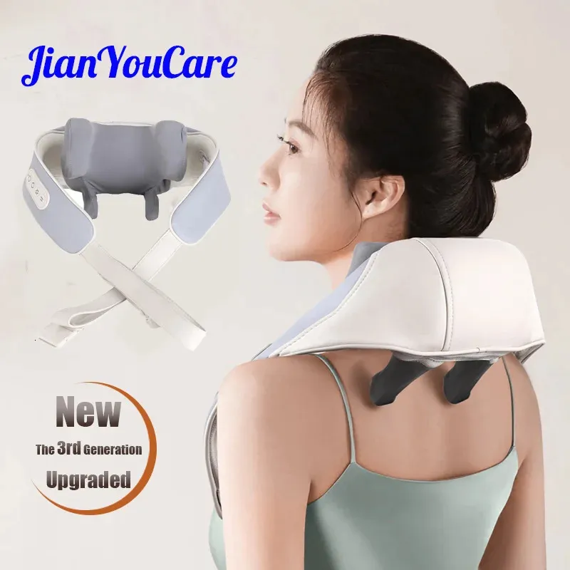 JianYouCare electrical neck shoulder body massager Heated Kneading Shiatsu Shawl Cervical back Massage machine deep Pain Relief 240118