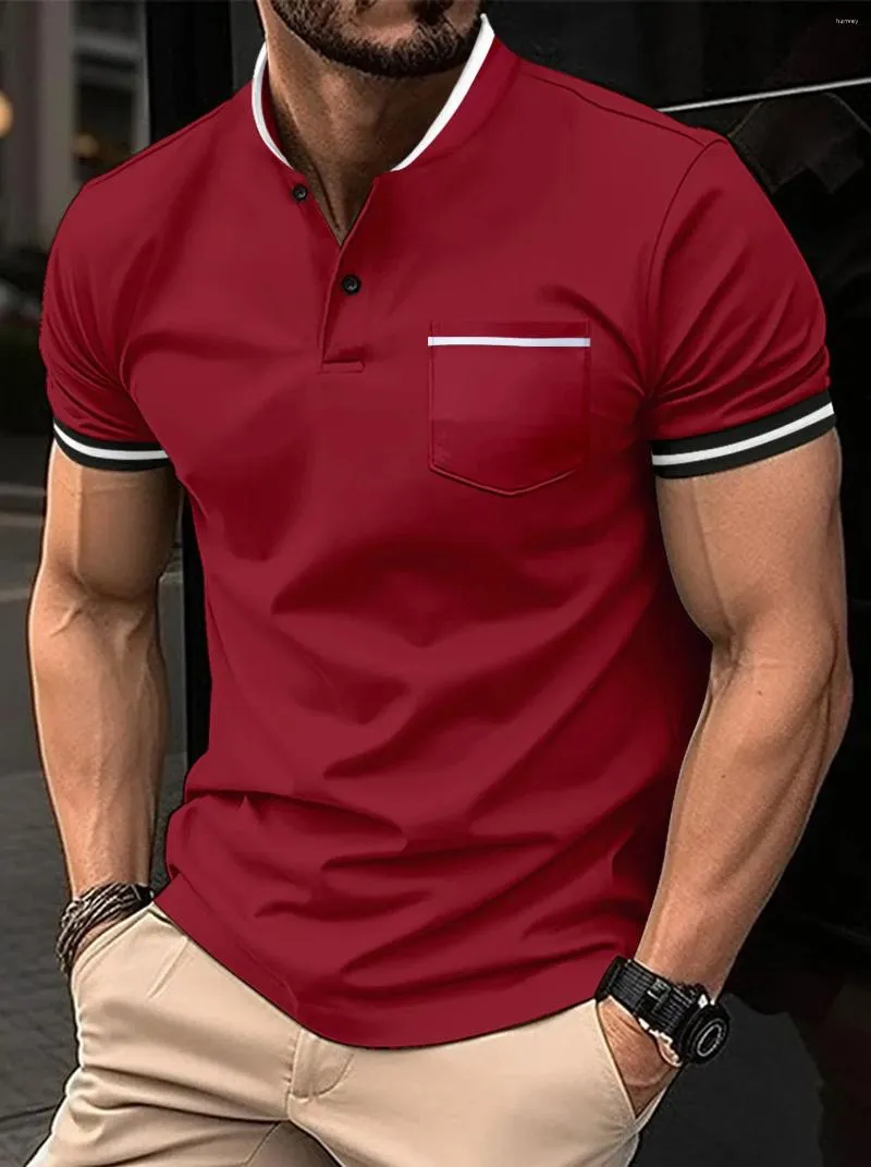 Polos masculinos verão lapela topo polo shir stolid cor camisa de manga curta moda casual com bolso para homem