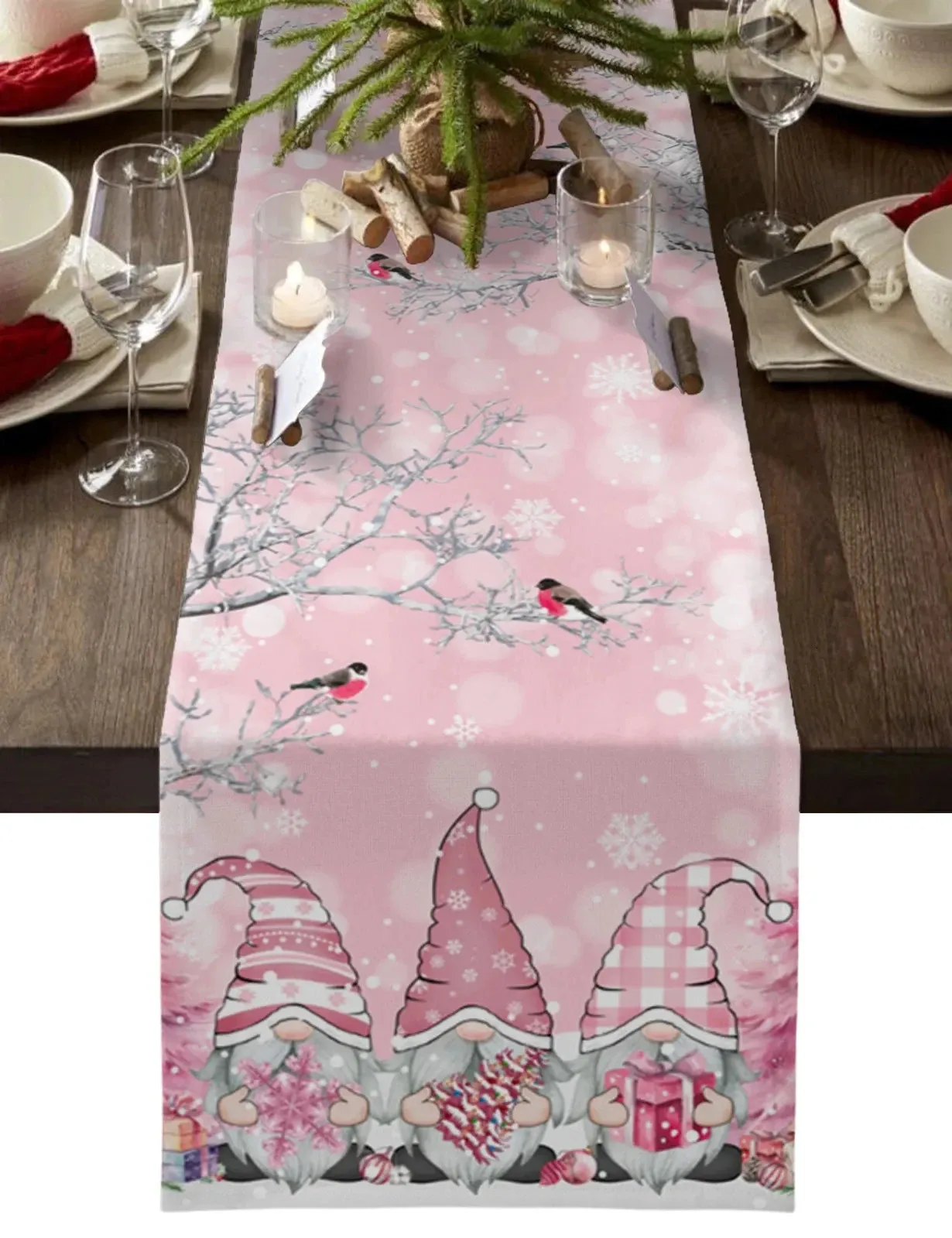 Boże Narodzenie Gnome Snow Scenerie Linen Table Runners Komentarz Dekorun