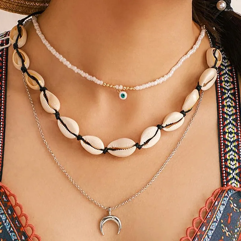 Pendant Necklaces Bohemian Geometry Weaving Rope Shell Multilayer Nacklace Female Half Moon Pearl Stone Eyes Three Layer