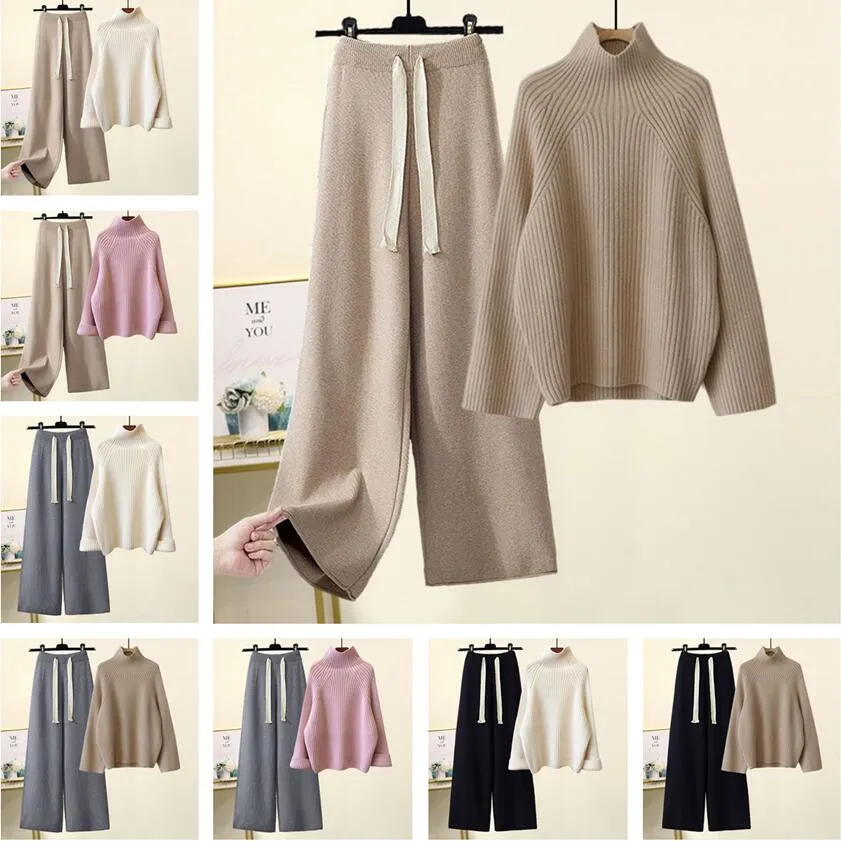 Herfst Winter Warm Gebreid Pak Vrouwen Lange Mouw Halve Coltrui Breien Trui En Wijde Pijpen Broek Sets Bovenkleding Losse Set