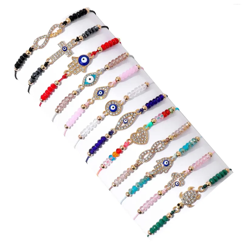 Link-Armbänder, 12 Stück, gemischtes Harz, Teufelsauge-Armband, Damenmode, Strass, Legierung, verstellbar, gewebt, Geschenk