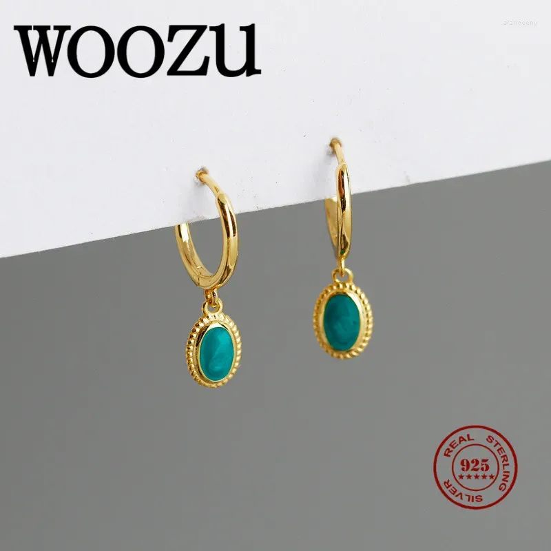 أقراط متدلية Woozu أصلية 925 Sterling Silver Engetric Pave Green Zircon Hanging Drop for Women Luxury Chic Bohemian Party Jewelry