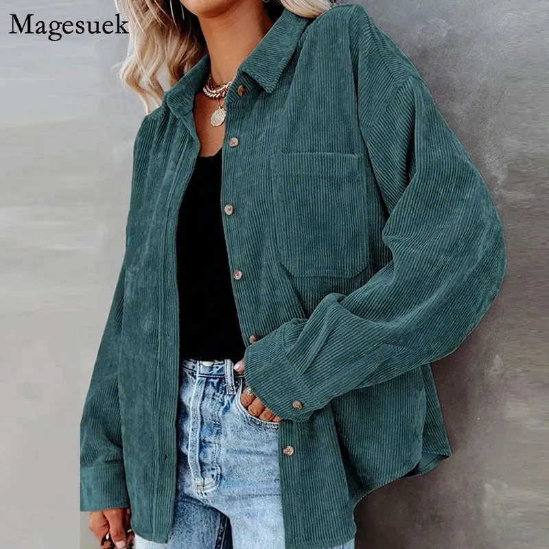 Cotton Casual Corduroy Blouse Women Strip Oversized Women Shirt Jacket Vintage Button Pocket Loose Fashion Blouses Tops 17787 240130