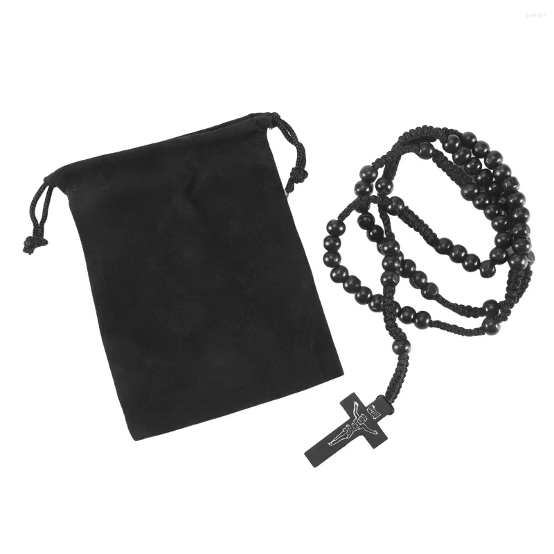 Collane con ciondolo Collana in legno Croce nera Perline Retro 24 pollici Catena di rosario Uomo Donna