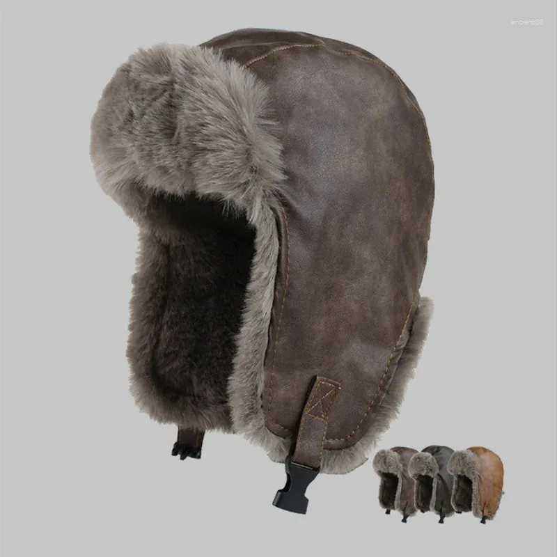 Baretten 2024 Winter Hoed Outdoor Rijden Ushanka Opgestapeld Verdikte Thermische Pu Leer Oor Ski Winddicht Bomber Hoeden Voor Mannen