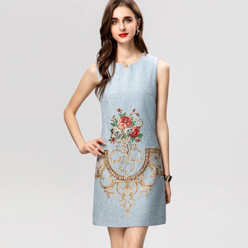 Women's Runway Dresses O Neck Sleeveless Beaded Jacquard Fashion High Street Casual Designer Vestidos