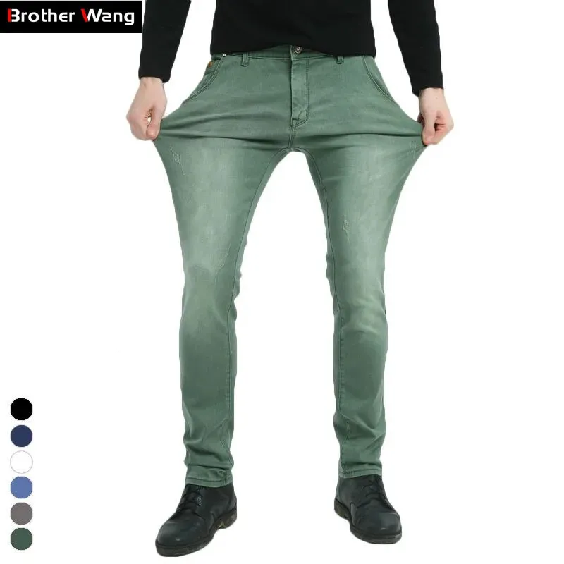 Brother Wang Brand Men Men Mens Adality Geans Slim Climny Jeans Disual Pants Prouts Jean Male Green Black Blue 240125