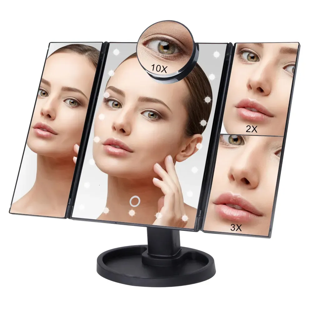 Make-up-Spiegel mit Touchscreen und 22 LED-Lichtern, 1 x 2 x 3 x 10 x Lupe, kompakter Kosmetikspiegel, flexible Kosmetikspiegel, Make 240123