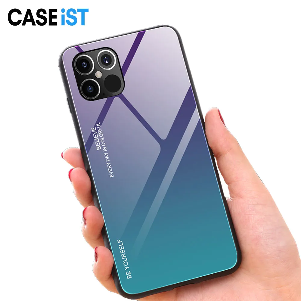 CASEiST Luxury Gradient 9H Tempered Glass Phone Case Hybrid Color Glossy Back Mobile Cover TPU Soft Border Shell For iPhone 15 14 13 12 11 Pro Max XS XR 8 7 6 Plus Samsung