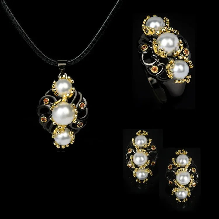 Fashion Jewelry Set for Women Black Gold Three Piece Pearl Flower Ring Necklace Earring Party Jewelry Wedding Bridal Set Jewelry 240119